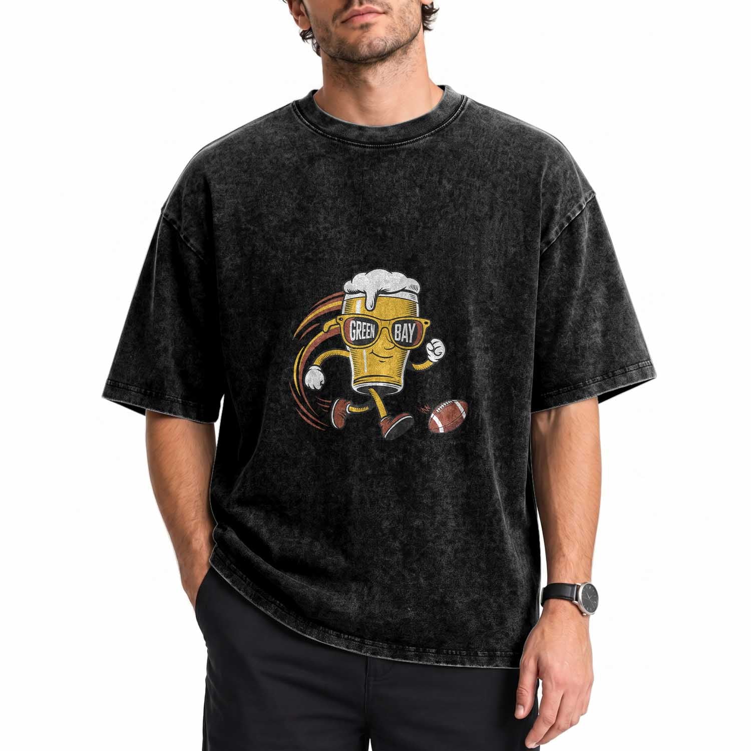 Funny Beer Mug Playing Football Washed Cotton T-Shirt Team Supporter GFF Gift