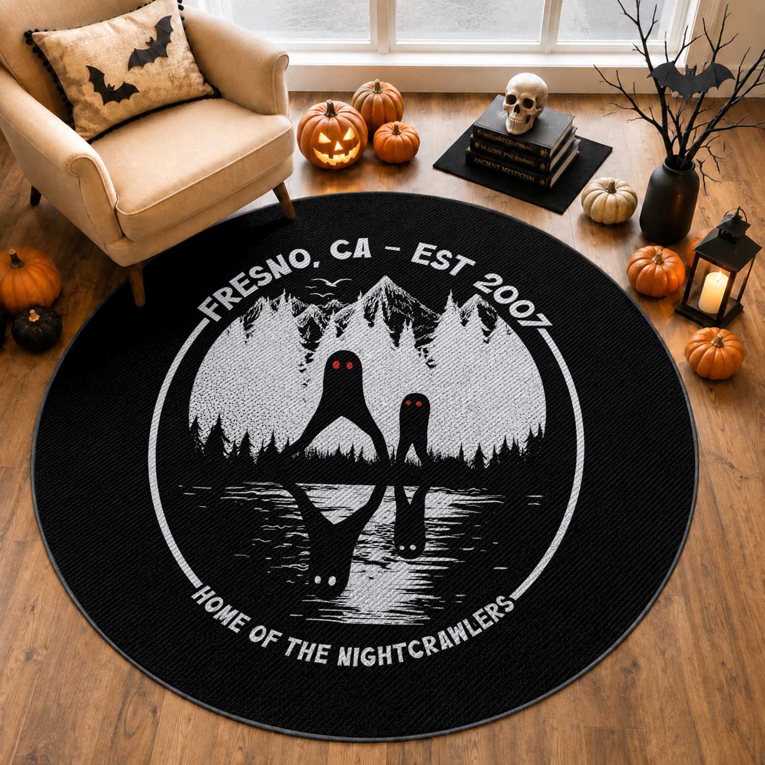 Home Of The Fresno Nightcrawlers Round Rug California Cryptid Hunter