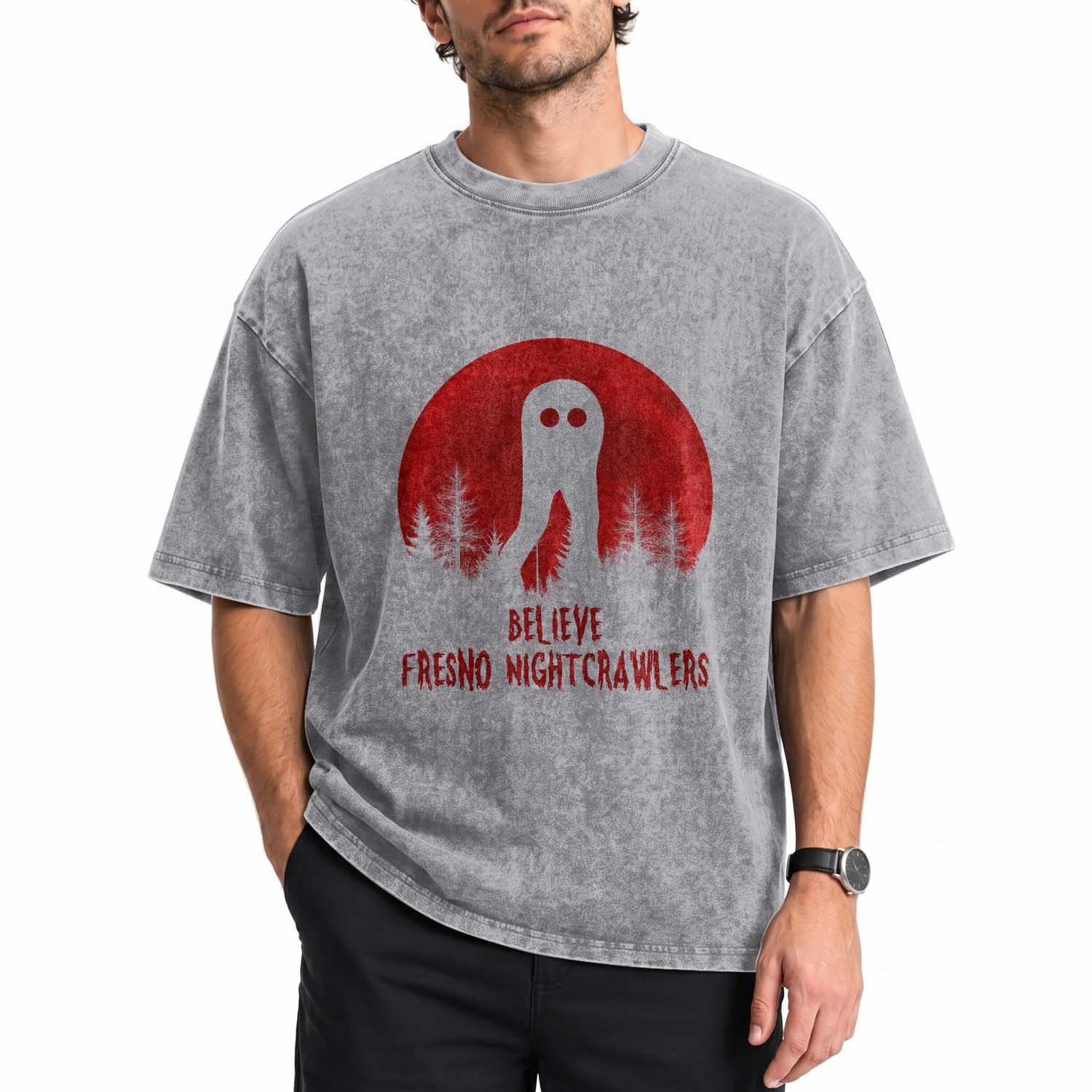 Believe In Fresno Nightcrawlers Washed Cotton T-Shirt California Cryptid Hunter Gift