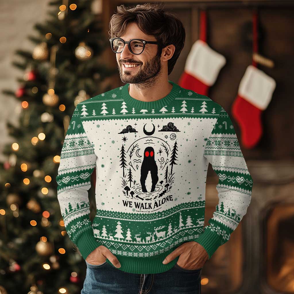 We Walk Alone Fresno Nightcrawler Ugly Christmas Sweater California Cryptid Hunter TS12 Beige Green Print Your Wear