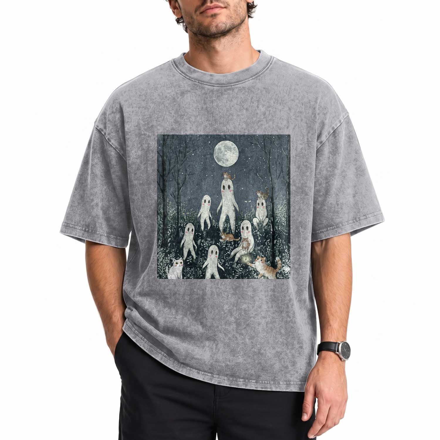 Fresno Nightkittens Nightcrawler Washed Cotton T-Shirt Funny Horror Cat Cryptid Lover Gift