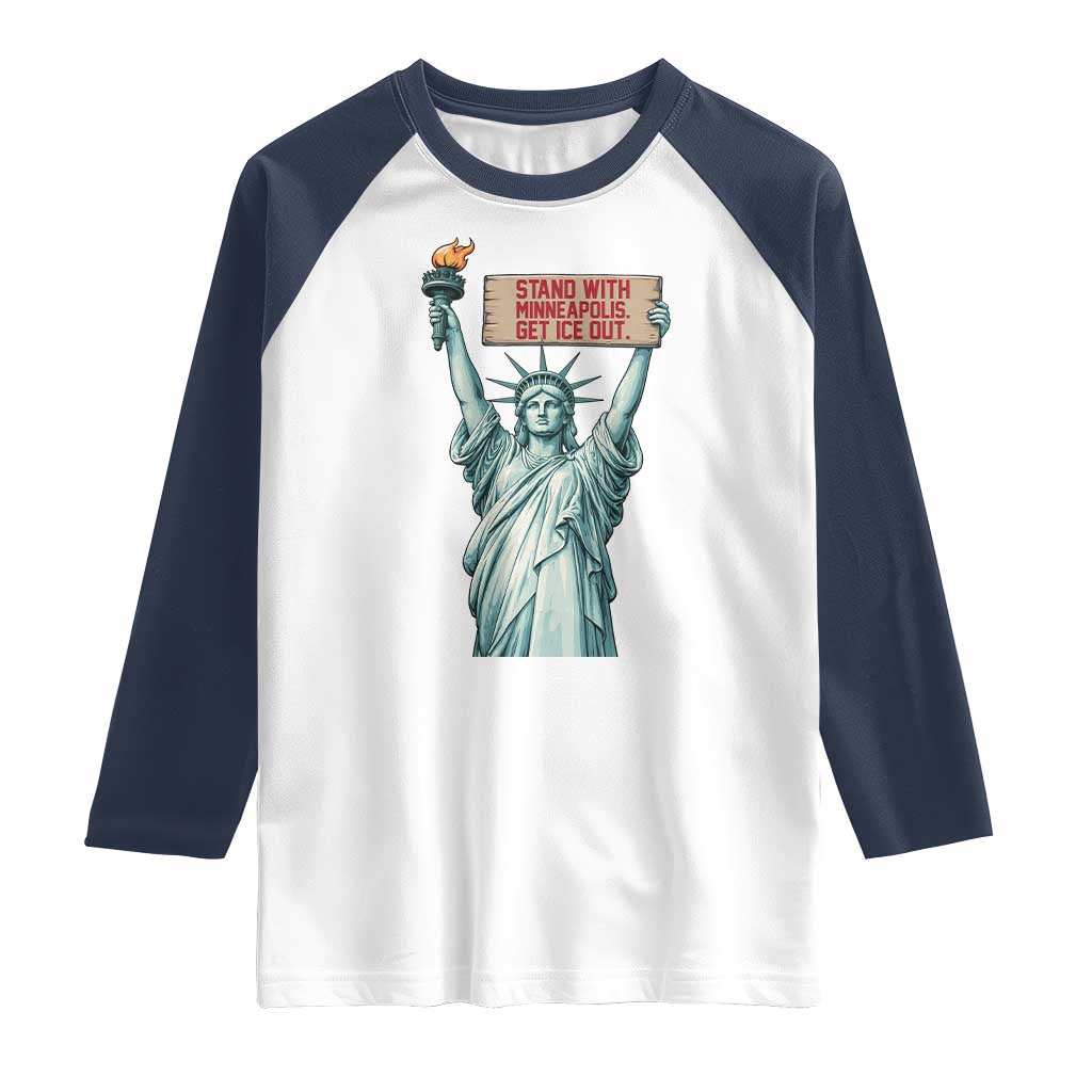 Stand With Minneapolis Raglan Shirt Statue Of Liberty Torch Justice Support TS12 White Navy Print Your Wear