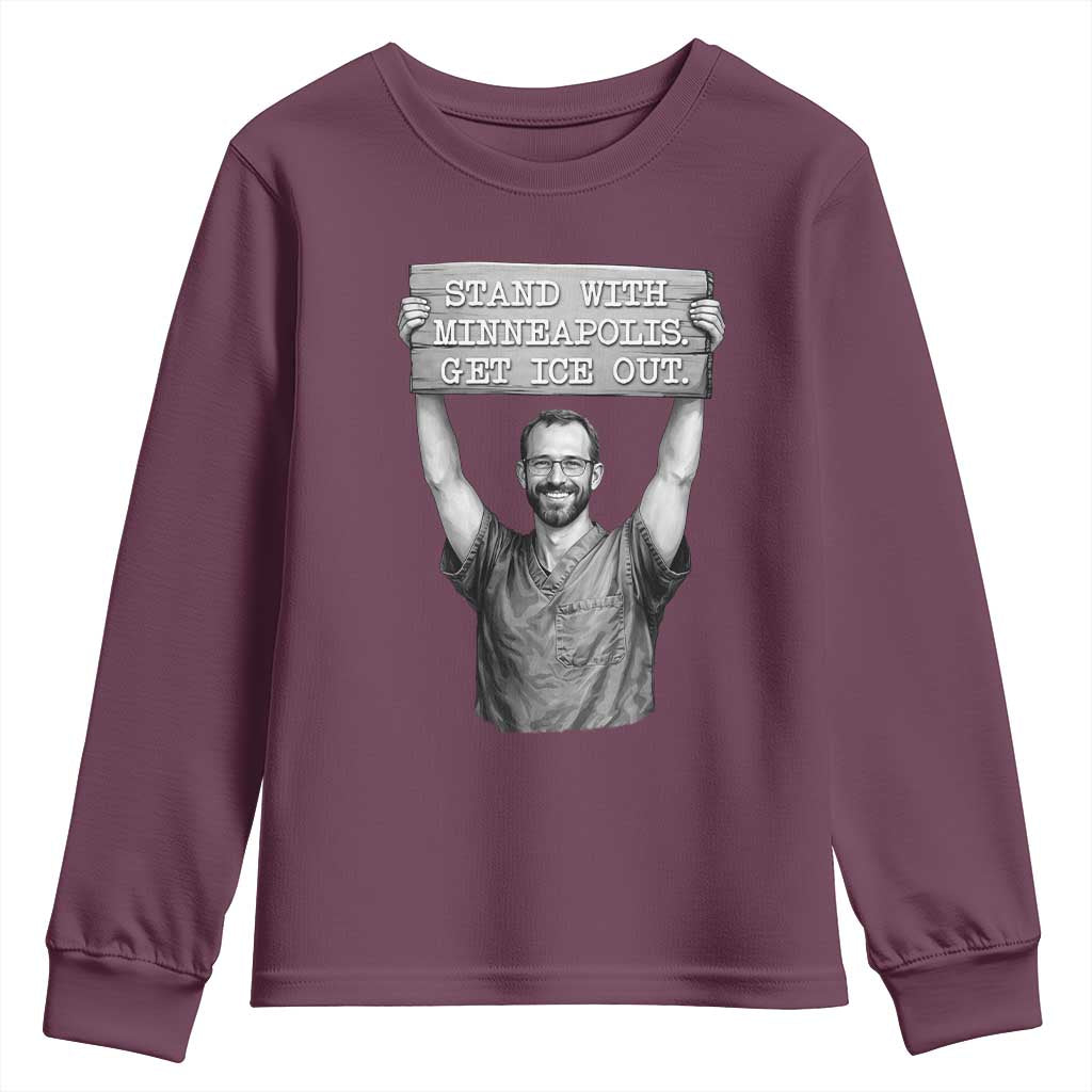 Stand With Minneapolis Youth Sweatshirt Alex Pretti Memorial ICU Nurse Support TS12 Maroon Print Your Wear