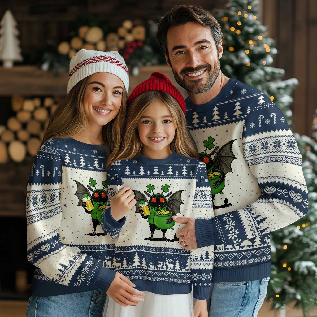 Funny Mothman Ugly Christmas Sweater St Patricks Day Cryptid Gift TS12 Beige Navy Print Your Wear