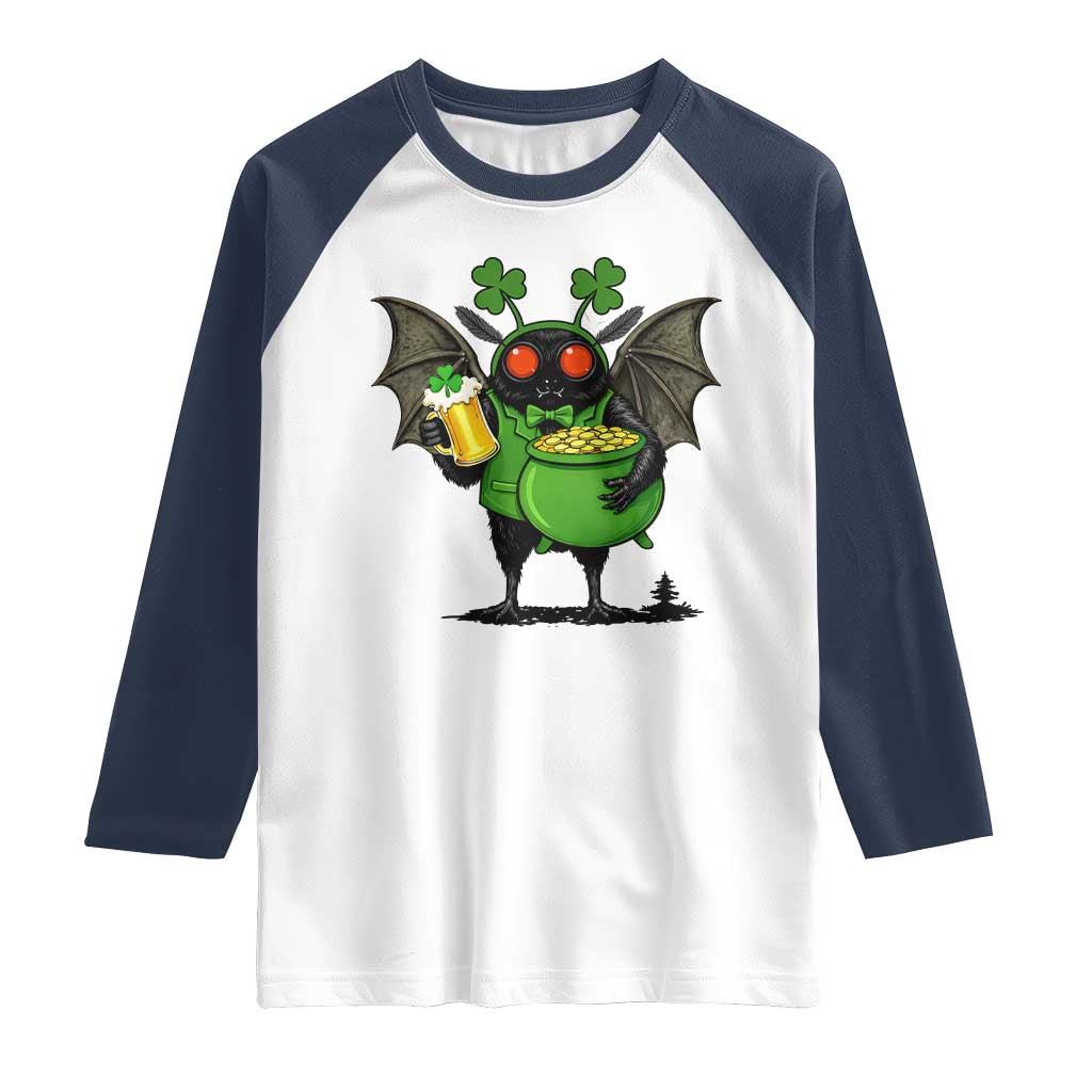 Funny Mothman Raglan Shirt St Patricks Day Cryptid Gift TS12 White Navy Print Your Wear