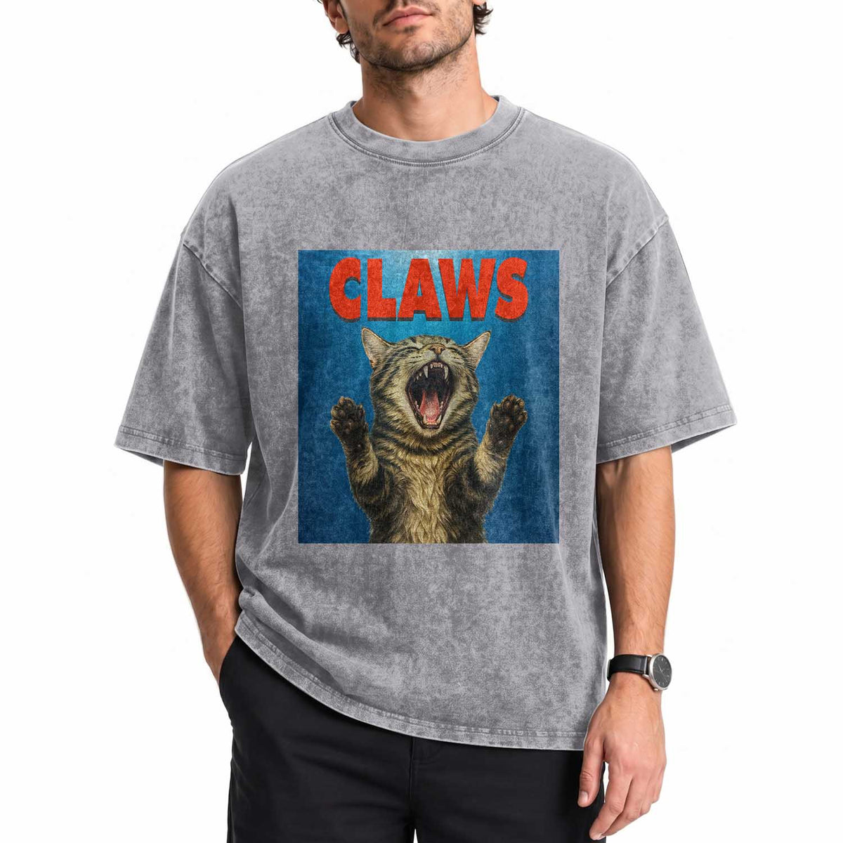 Funny Claws Cat Washed Cotton T-Shirt Horror Movie Parody