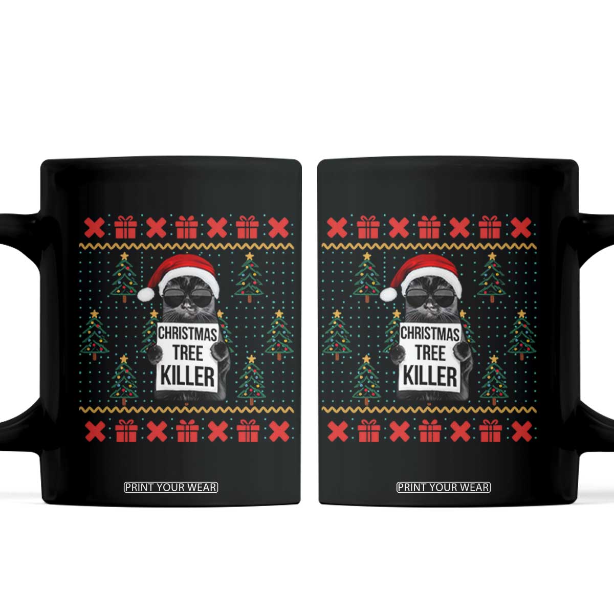 Funny Xmas Black Cat Coffee Mug Christmas Tree Killer Santa Kitten TS12 Black Print Your Wear