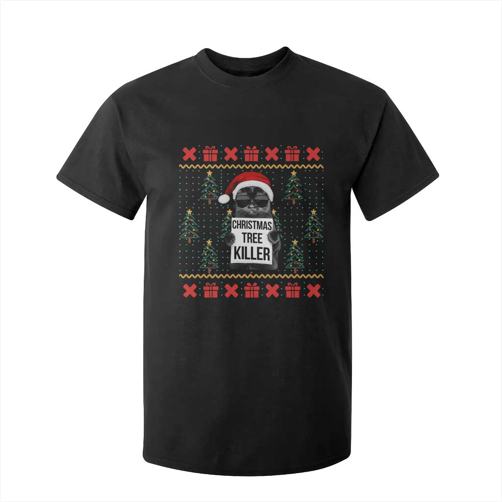 Funny Xmas Black Cat T Shirt For Kid Christmas Tree Killer Santa Kitten TS12 Black Print Your Wear