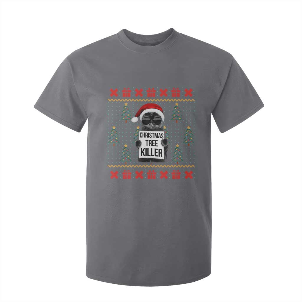 Funny Xmas Black Cat T Shirt For Kid Christmas Tree Killer Santa Kitten TS12 Charcoal Print Your Wear