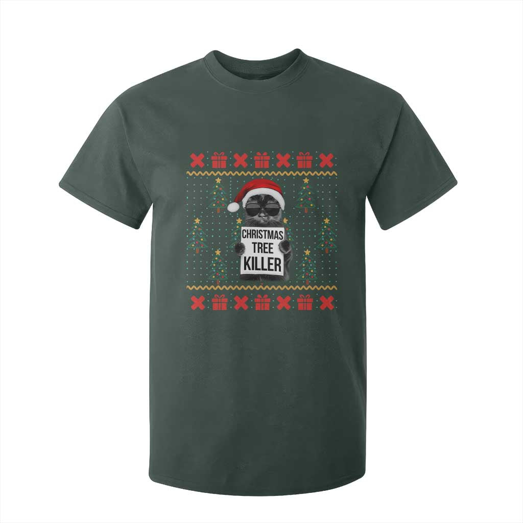 Funny Xmas Black Cat T Shirt For Kid Christmas Tree Killer Santa Kitten TS12 Dark Forest Green Print Your Wear