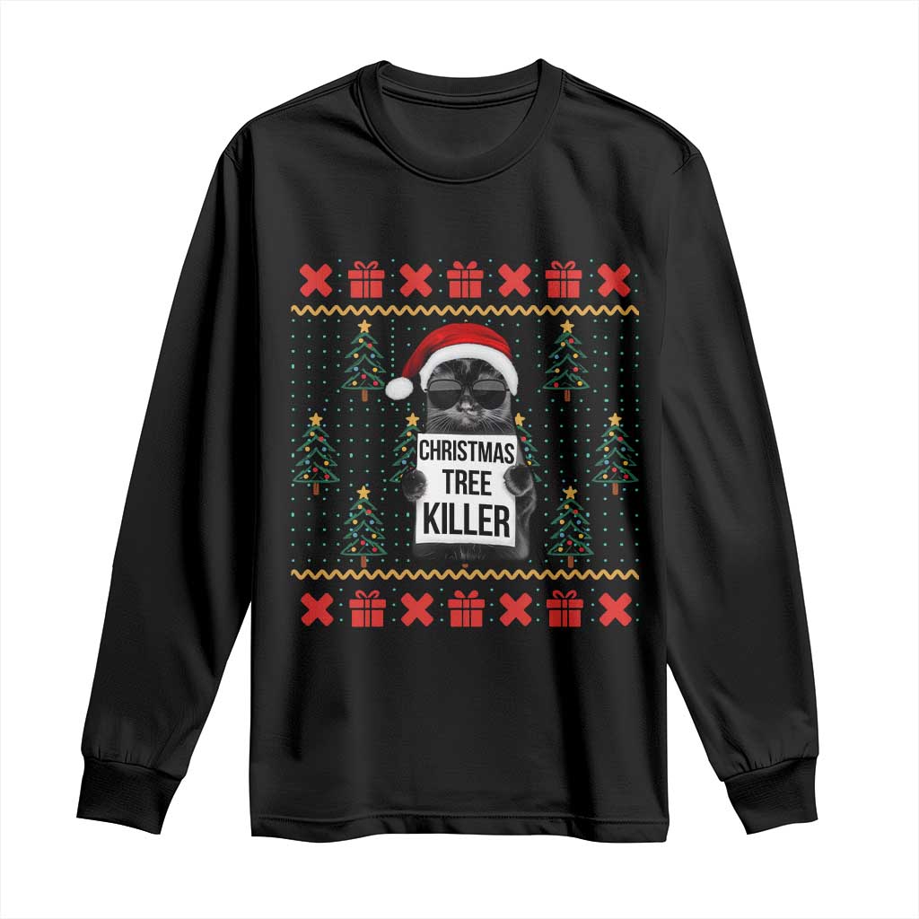 Funny Xmas Black Cat Long Sleeve Shirt Christmas Tree Killer Santa Kitten TS12 Black Print Your Wear