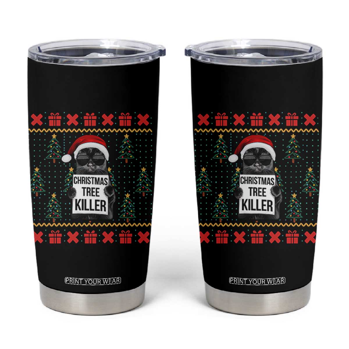 Funny Xmas Black Cat Tumbler Cup Christmas Tree Killer Santa Kitten TS12 Black Print Your Wear