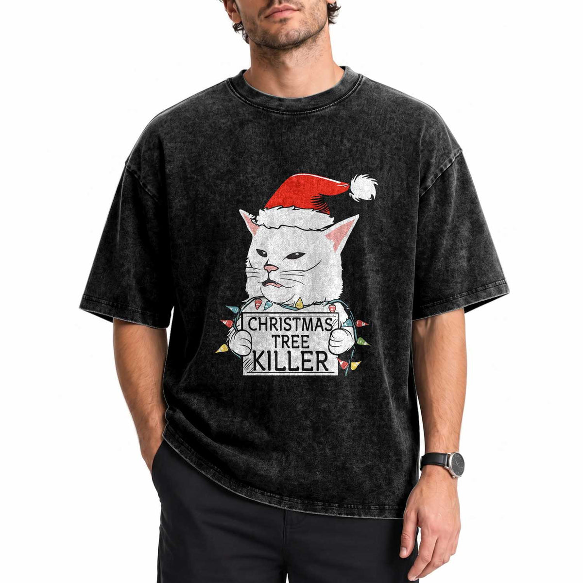 Funny Xmas Grumpy Cat Washed Cotton T-Shirt Christmas Tree Killer Santa Kitten