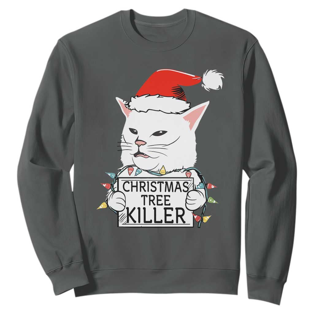 Funny Xmas Grumpy Cat Sweatshirt Christmas Tree Killer Santa Kitten TS12 Dark Heather Print Your Wear