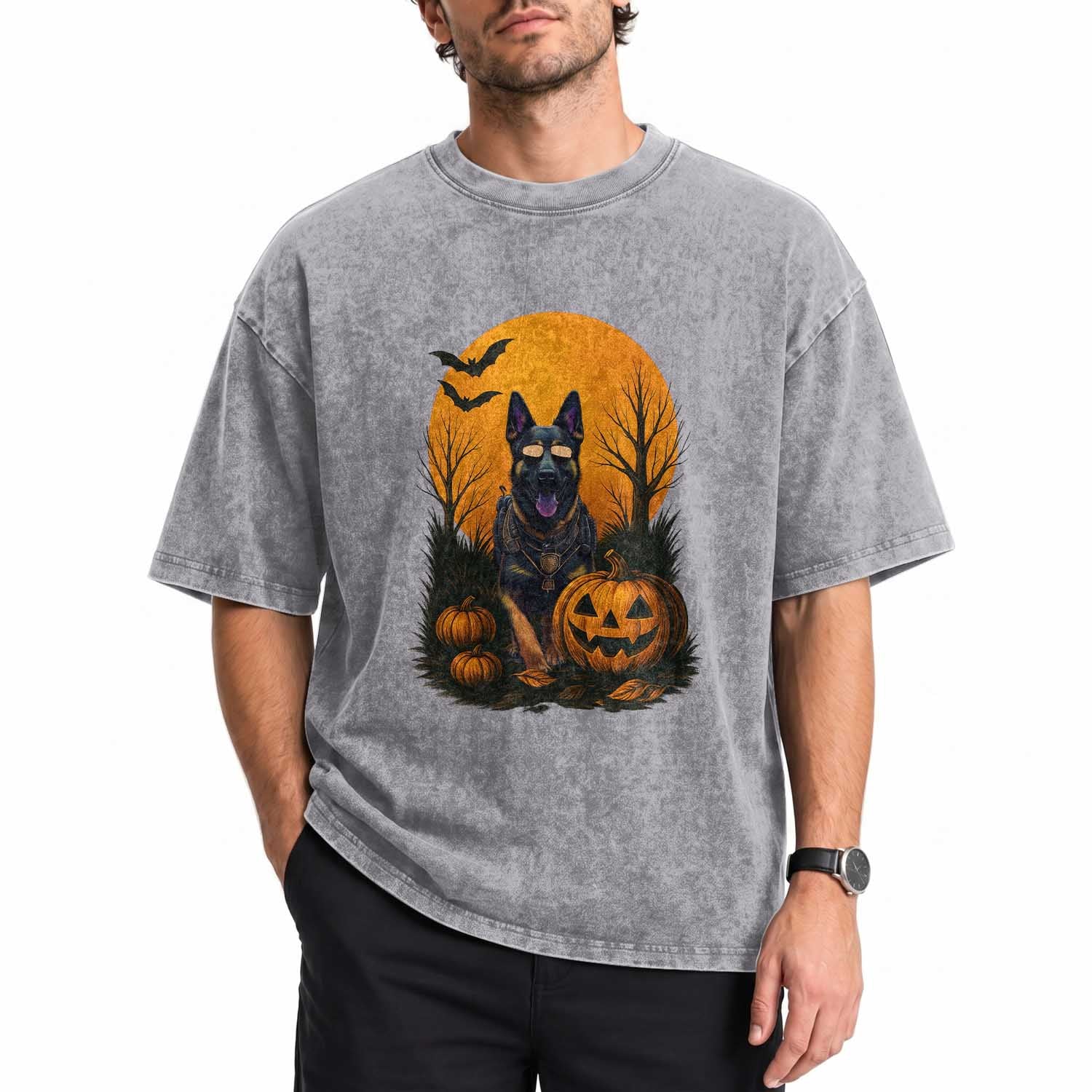 Cool German Shepherd Police Dog Celebrate Halloween Washed Cotton T-Shirt