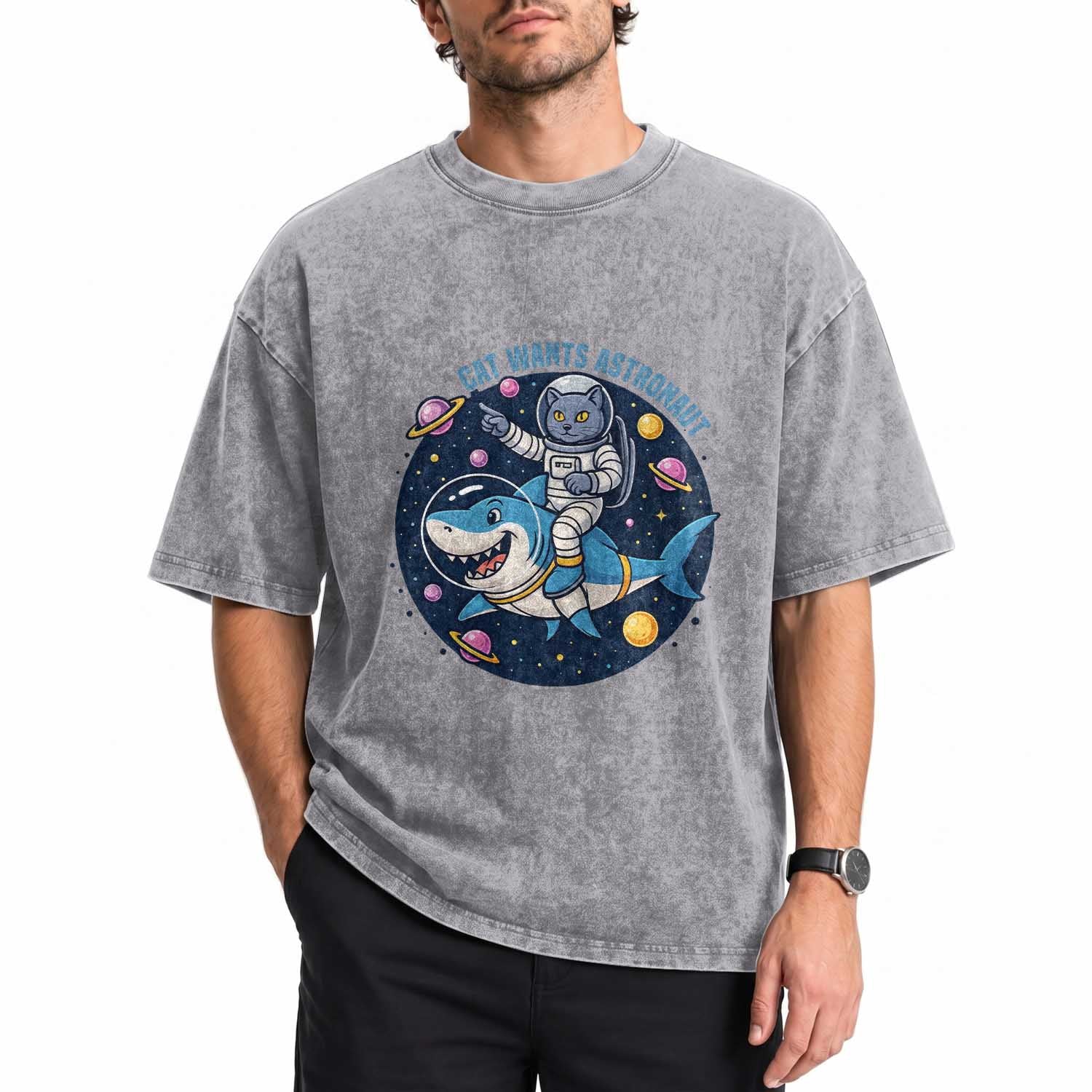 Funny Space Cat Wants Astronaut Washed Cotton T-Shirt Sharks Sci fi Fan Universe