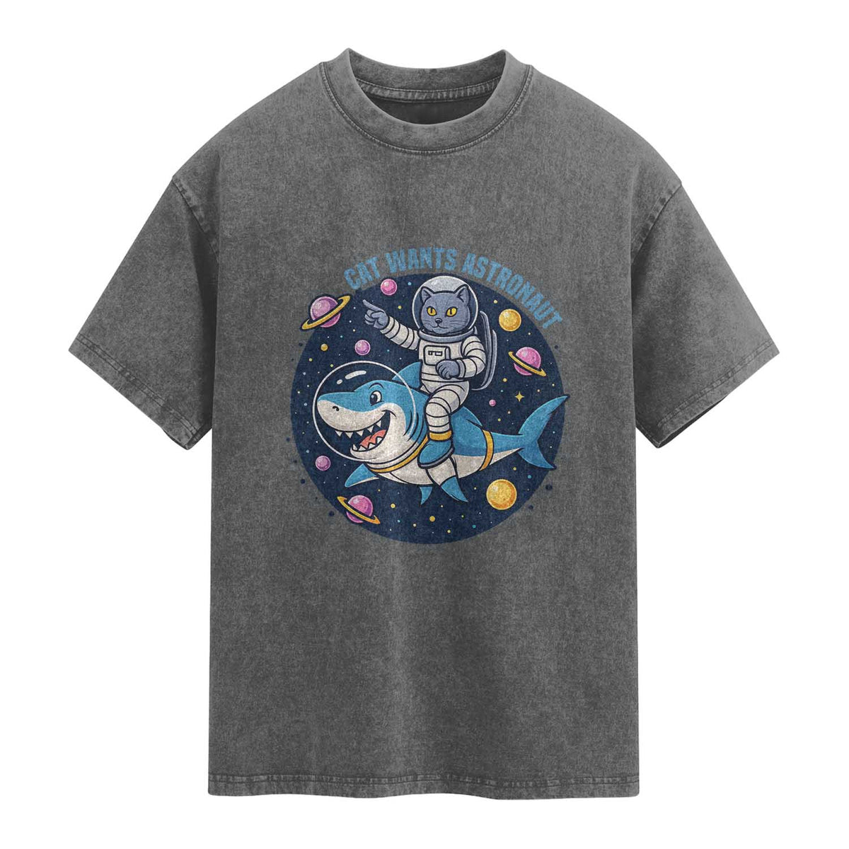 Funny Space Cat Wants Astronaut Washed Cotton T-Shirt Sharks Sci fi Fan Universe