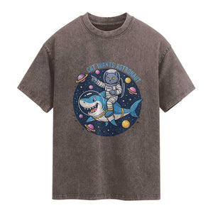 Funny Space Cat Wants Astronaut Washed Cotton T-Shirt Sharks Sci fi Fan Universe