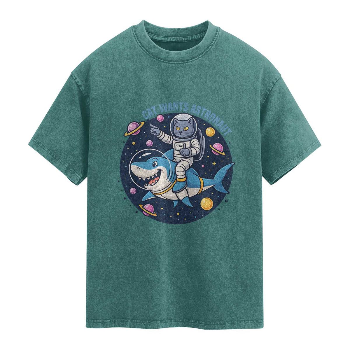 Funny Space Cat Wants Astronaut Washed Cotton T-Shirt Sharks Sci fi Fan Universe