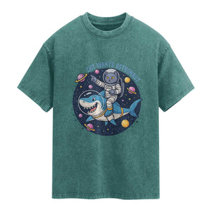 Funny Space Cat Wants Astronaut Washed Cotton T-Shirt Sharks Sci fi Fan Universe