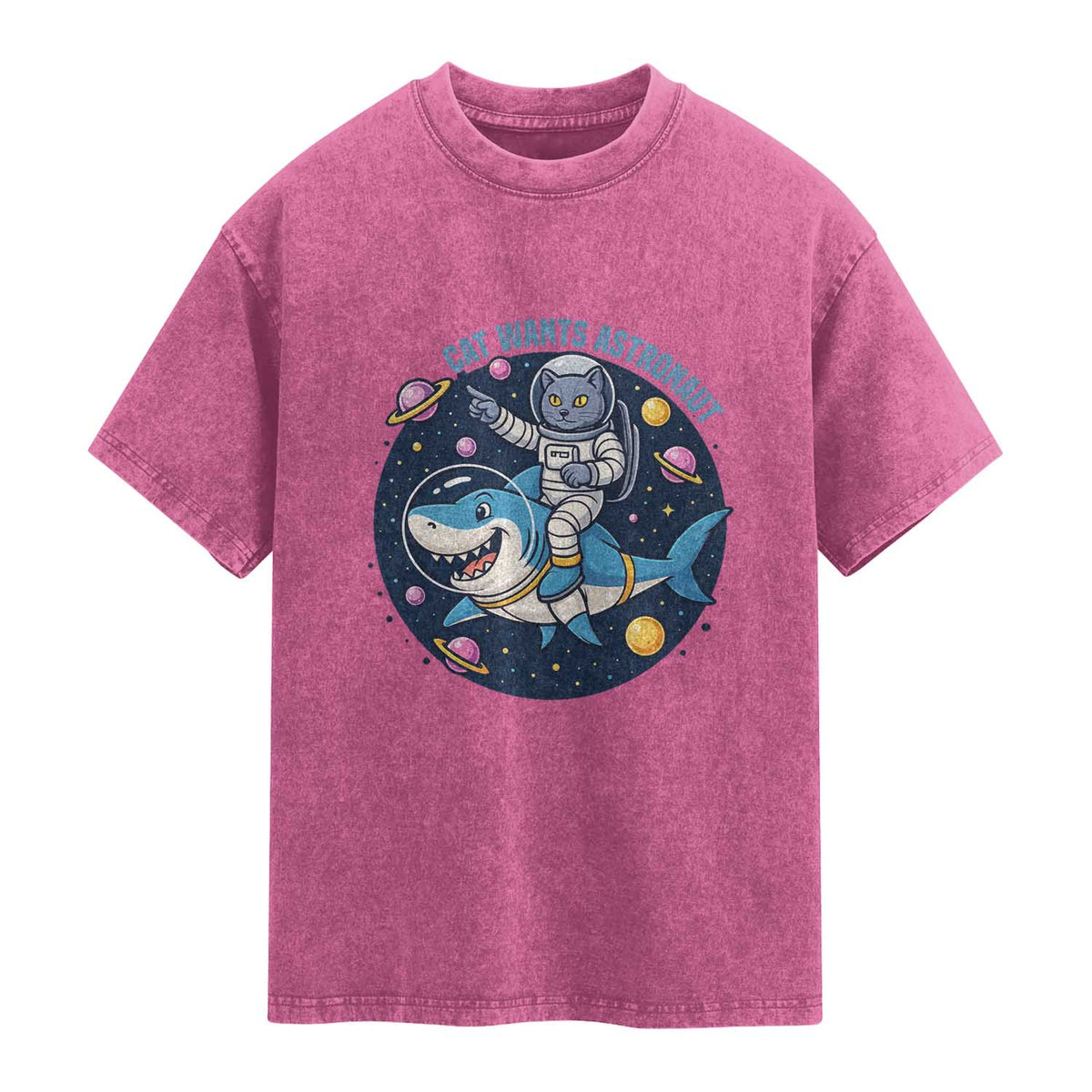Funny Space Cat Wants Astronaut Washed Cotton T-Shirt Sharks Sci fi Fan Universe