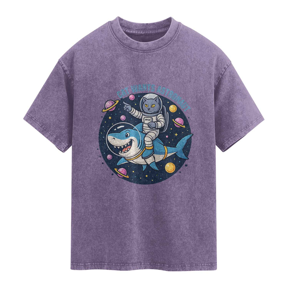 Funny Space Cat Wants Astronaut Washed Cotton T-Shirt Sharks Sci fi Fan Universe