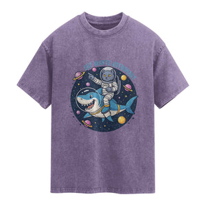 Funny Space Cat Wants Astronaut Washed Cotton T-Shirt Sharks Sci fi Fan Universe