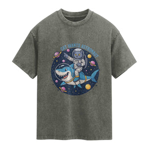 Funny Space Cat Wants Astronaut Washed Cotton T-Shirt Sharks Sci fi Fan Universe
