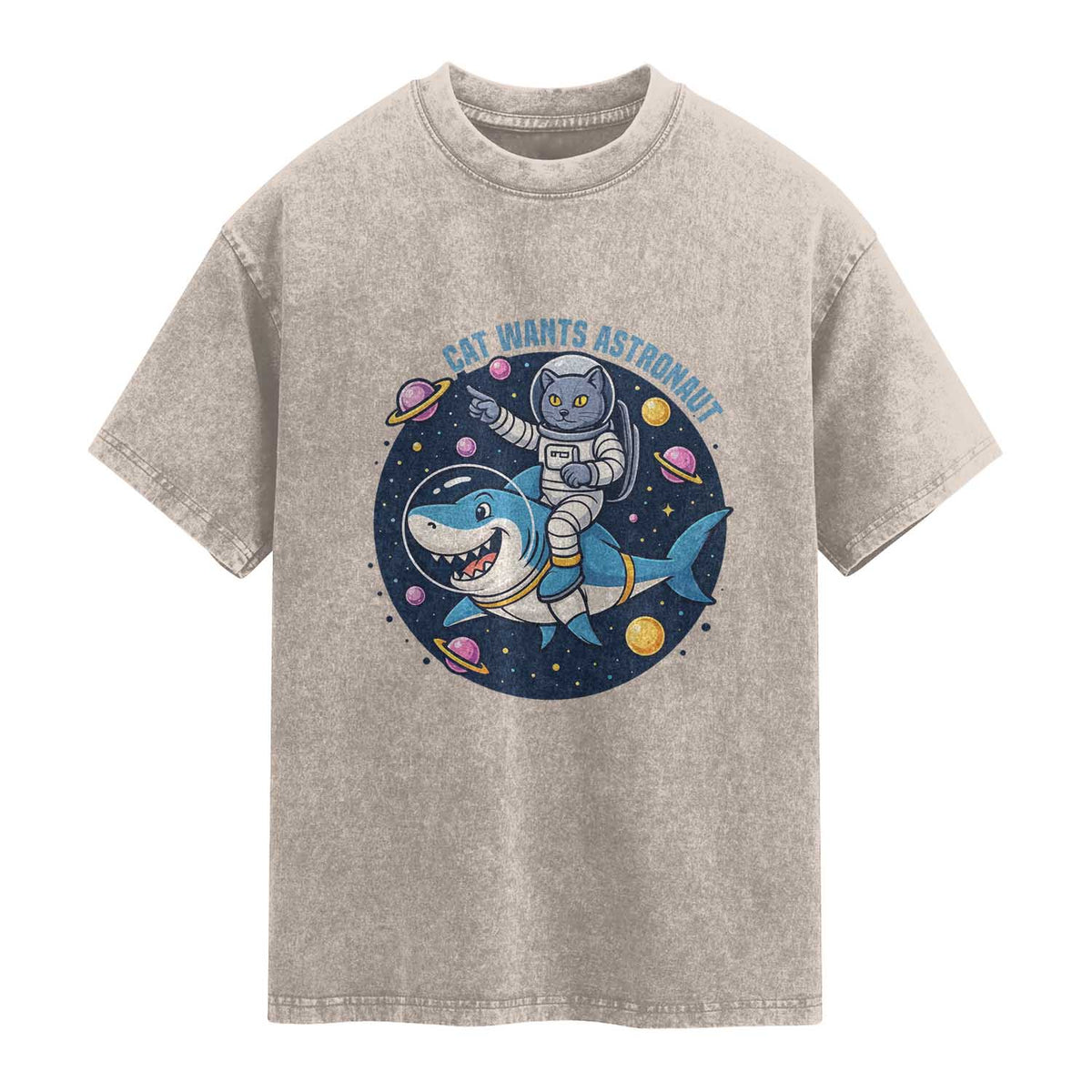 Funny Space Cat Wants Astronaut Washed Cotton T-Shirt Sharks Sci fi Fan Universe