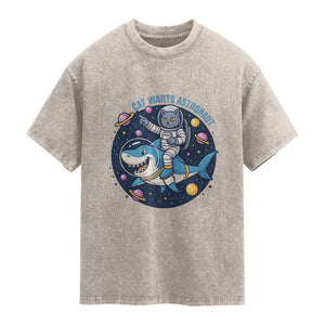Funny Space Cat Wants Astronaut Washed Cotton T-Shirt Sharks Sci fi Fan Universe