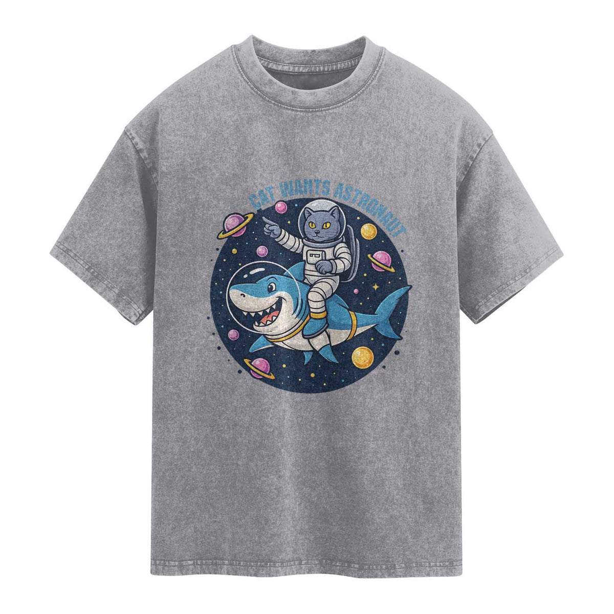 Funny Space Cat Wants Astronaut Washed Cotton T-Shirt Sharks Sci fi Fan Universe