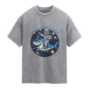 Funny Space Cat Wants Astronaut Washed Cotton T-Shirt Sharks Sci fi Fan Universe