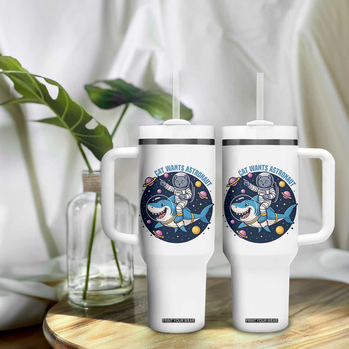 Funny Space Cat Wants Astronaut Tumbler With Handle Sharks Sci fi Fan Universe TS12 Print Your Wear