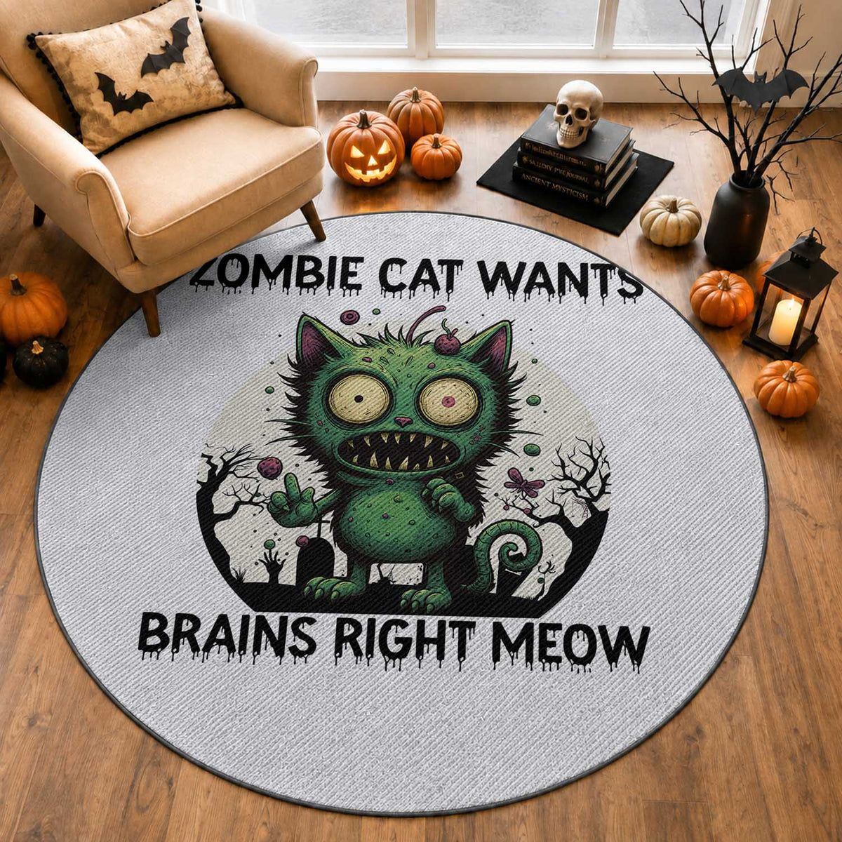 Funny Zombie Cat Wants Brains Right Meow Round Rug Halloween Zombie Kitten