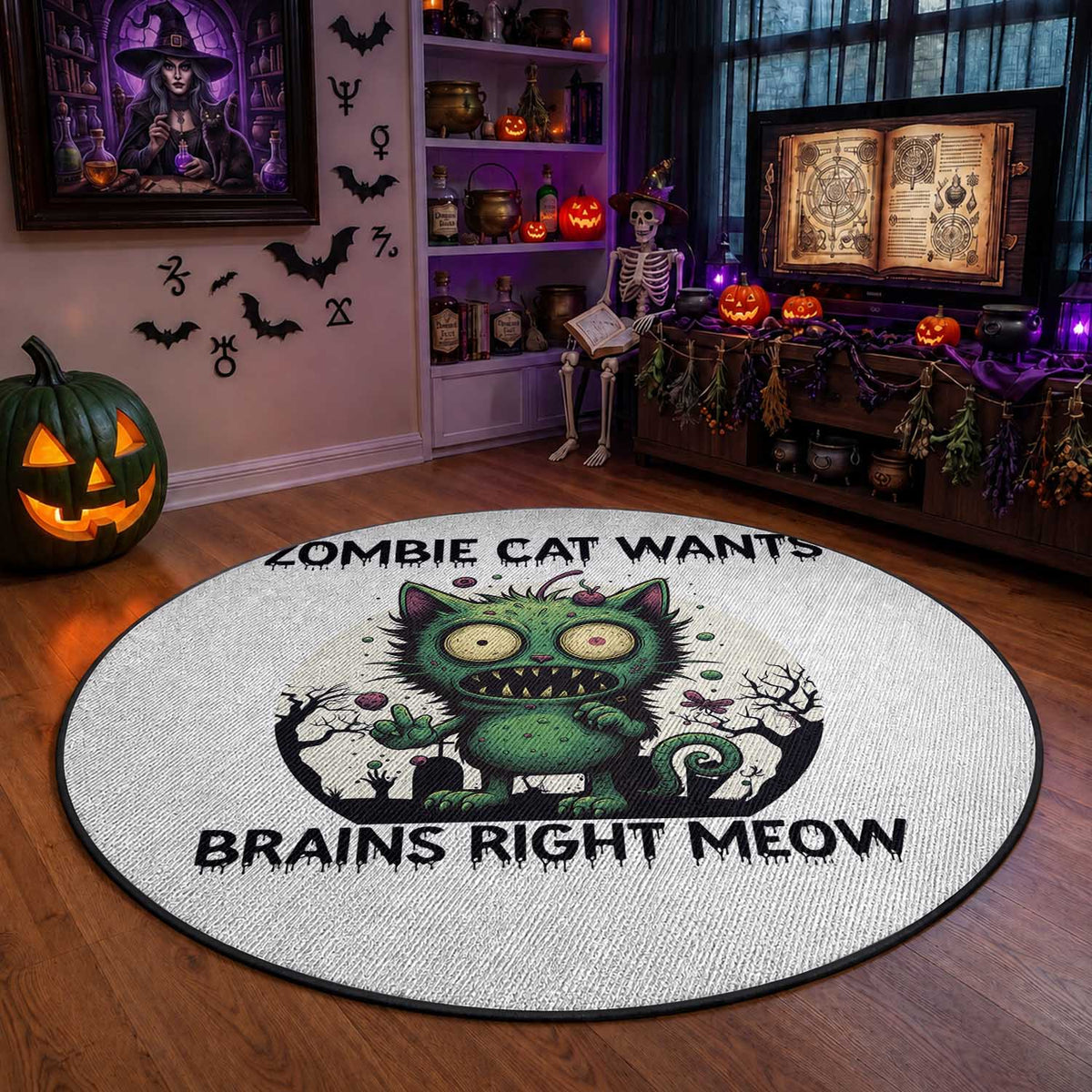 Funny Zombie Cat Wants Brains Right Meow Round Rug Halloween Zombie Kitten