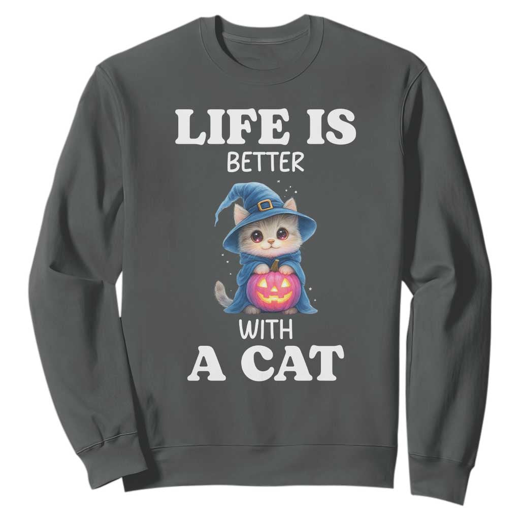 Halloween Kitty Sweatshirt Cute Life Is Better With A Cat TS12 Dark Heather Print Your Wear