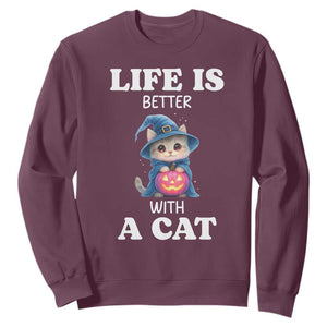 Halloween Kitty Sweatshirt Cute Life Is Better With A Cat TS12 Maroon Print Your Wear