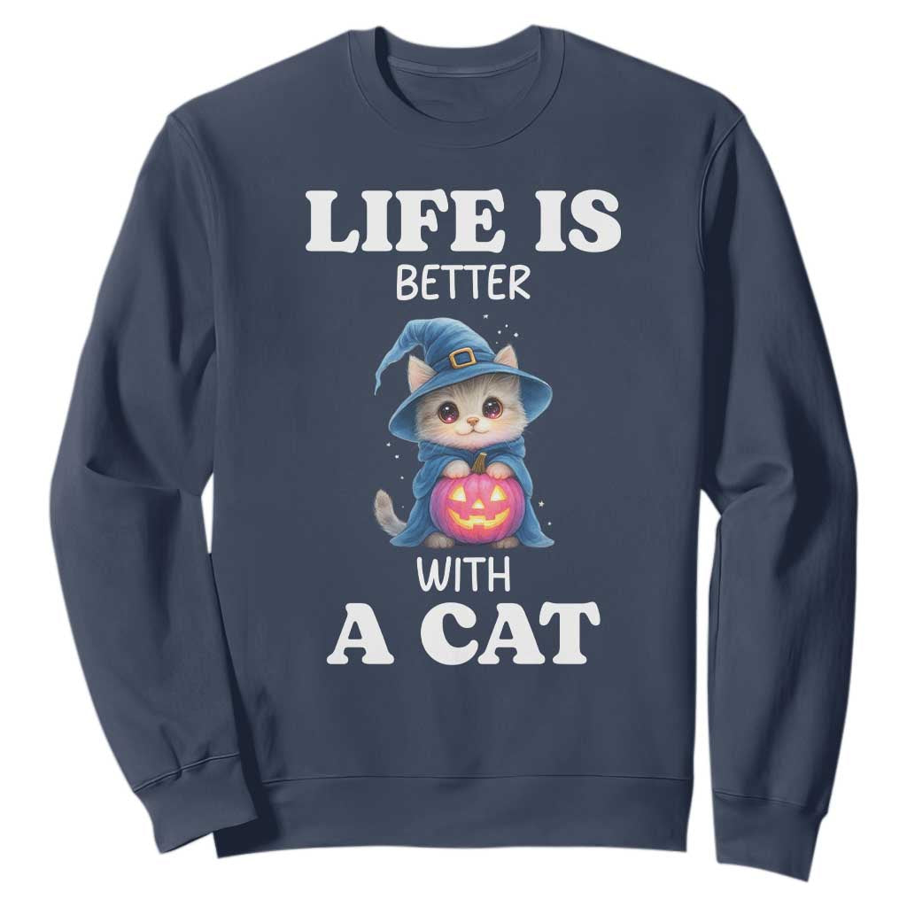 Halloween Kitty Sweatshirt Cute Life Is Better With A Cat TS12 Navy Print Your Wear