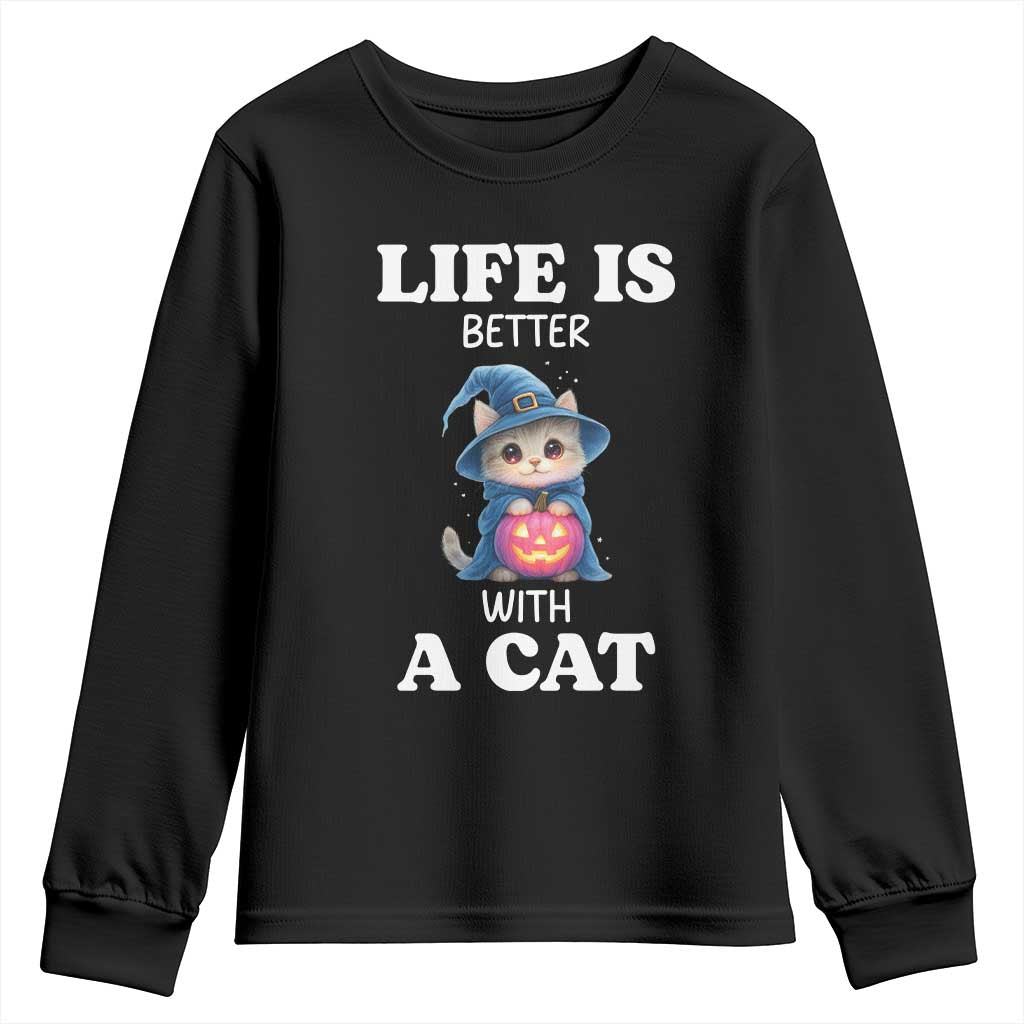Halloween Kitty Youth Sweatshirt Cute Life Is Better With A Cat TS12 Black Print Your Wear