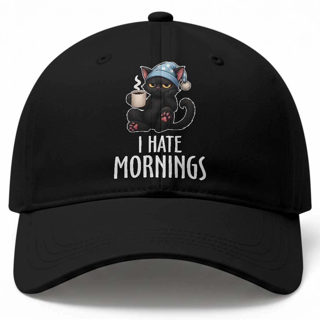 Funny I Hate Mornings Baseball Cap Cute Lazy Cat Drink Coffee TS12 Print Your Wear