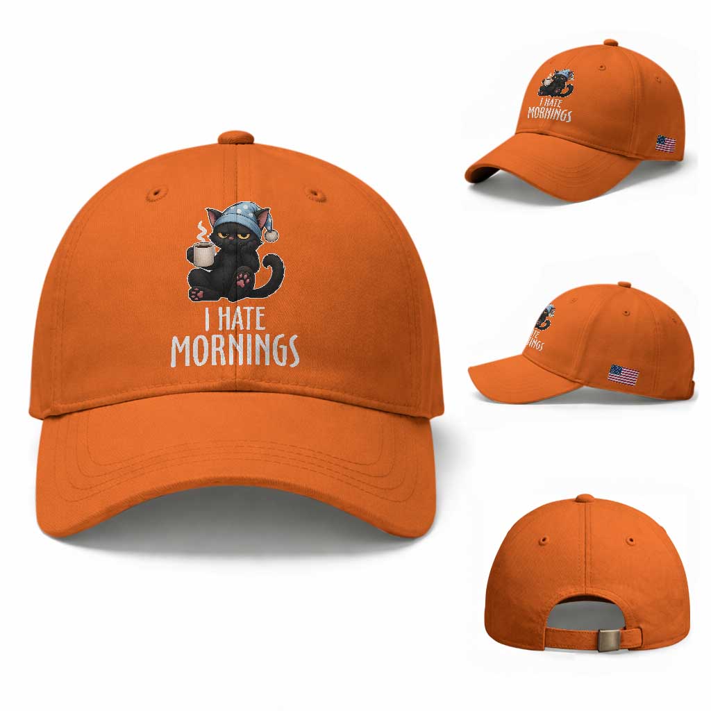 Funny I Hate Mornings Baseball Cap Cute Lazy Cat Drink Coffee TS12 Baseball Cap Universal Fit Orange Print Your Wear
