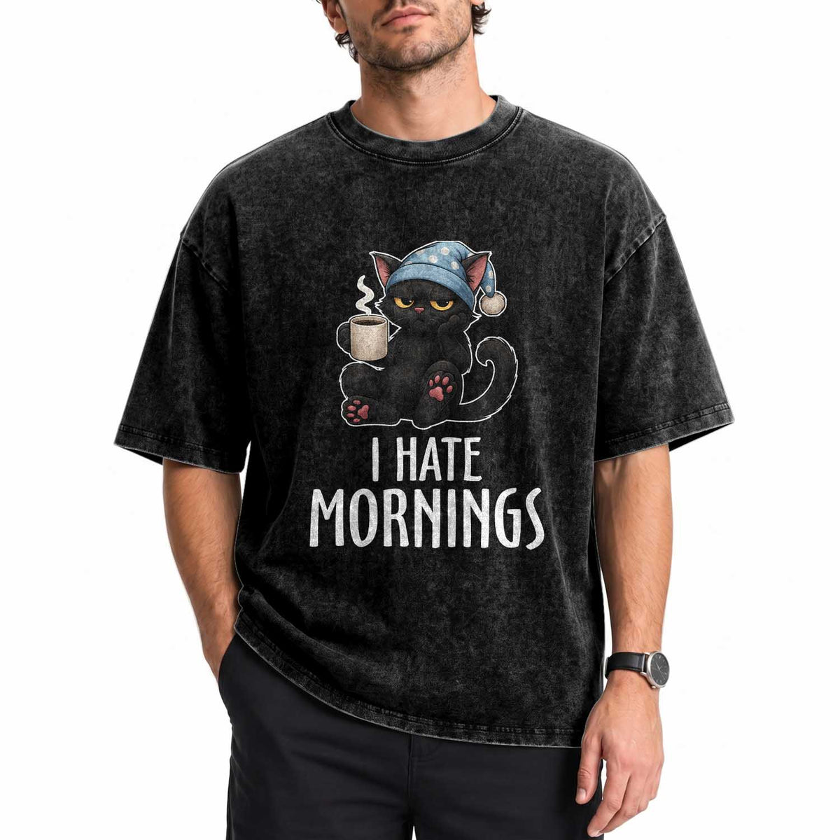 Funny I Hate Mornings Washed Cotton T-Shirt Cute Lazy Cat Drink Coffee