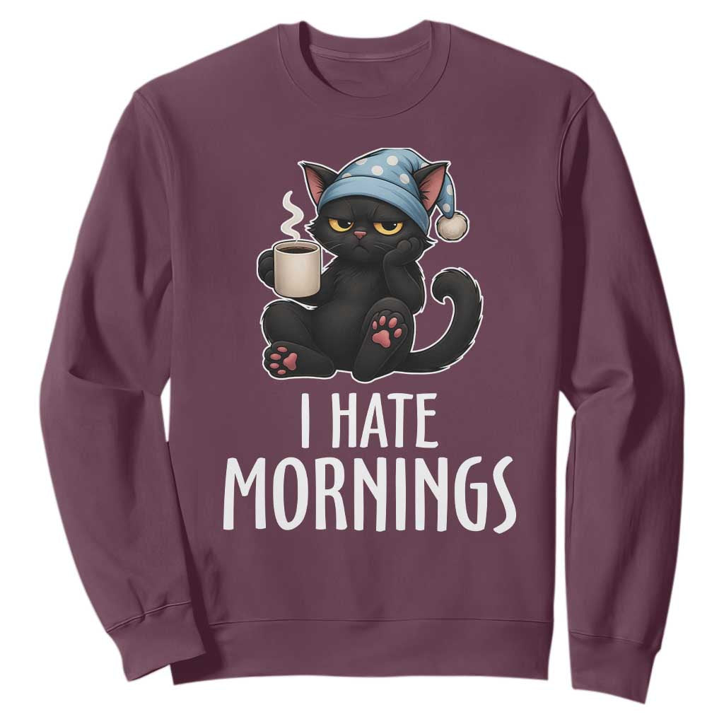 Funny I Hate Mornings Sweatshirt Cute Lazy Cat Drink Coffee TS12 Maroon Print Your Wear