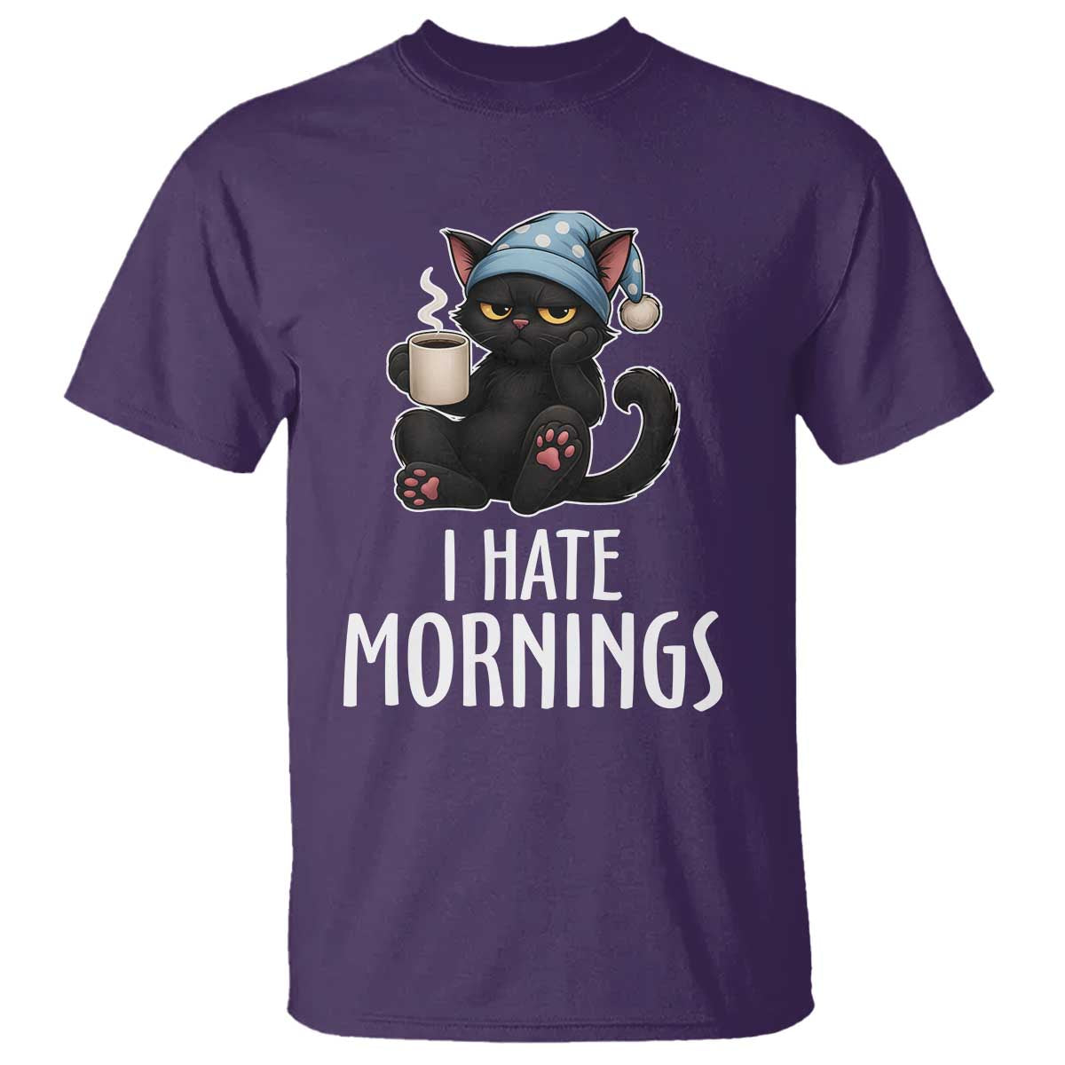 Funny I Hate Mornings T Shirt Cute Lazy Cat Drink Coffee TS12 Purple Print Your Wear