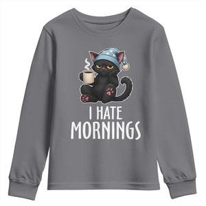 Funny I Hate Mornings Youth Sweatshirt Cute Lazy Cat Drink Coffee TS12 Charcoal Print Your Wear