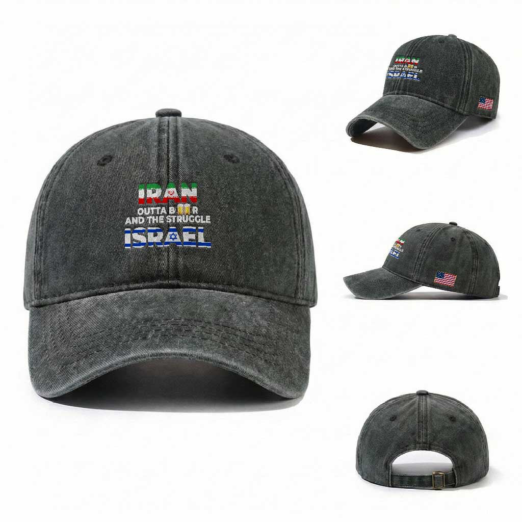 Funny Geopolitical Satire Iran Outta Beer Israel Struggle Washed Cotton Baseball Cap TS12 Washed Cap Universal Fit Dark Green Print Your Wear