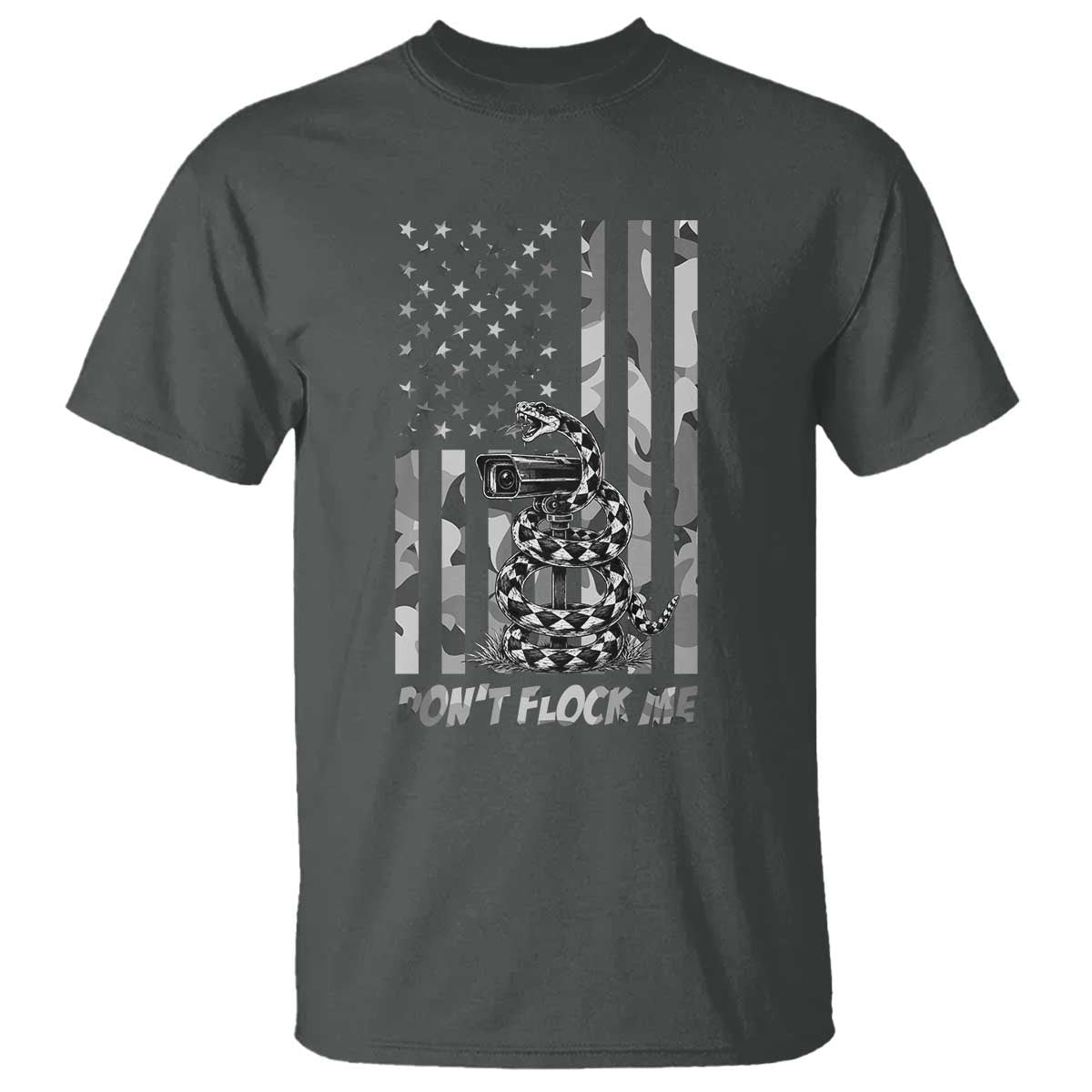 Rattlesnake Surveillance Camera US Flag Camo Graphic T Shirt Dont Flock Me TS12 Dark Heather Print Your Wear