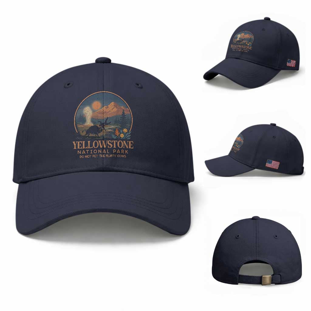 Yellowstone National Park Do Not Pet The Fluffy Cows Baseball Cap Amusing Bison Encounter Campsite Toss TS12 Baseball Cap Universal Fit Navy Print Your Wear