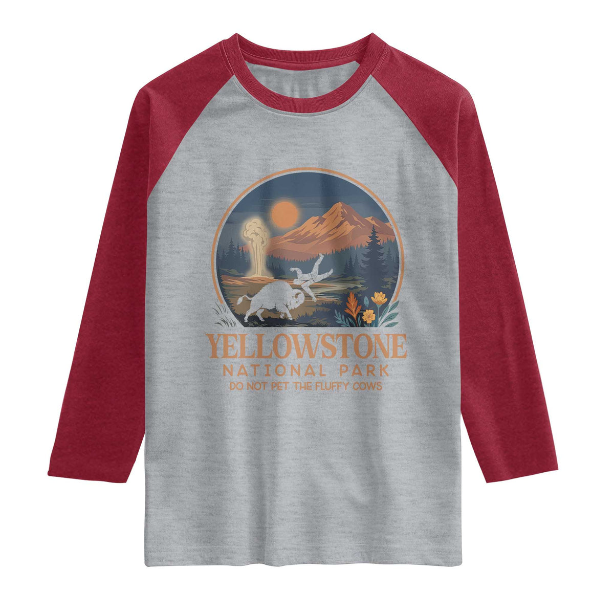 Yellowstone National Park Do Not Pet The Fluffy Cows Raglan Shirt Amusing Bison Encounter Campsite Toss TS12 Heather Gray Heather Red Print Your Wear