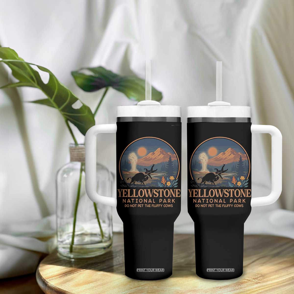 Yellowstone National Park Do Not Pet The Fluffy Cows Tumbler With Handle Amusing Bison Encounter Campsite Toss TS12 Print Your Wear